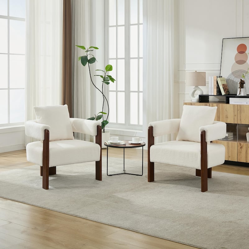 SEYNAR Modern Teddy Upholstered Fabric Round Armchair with pillow Set of 2 - White