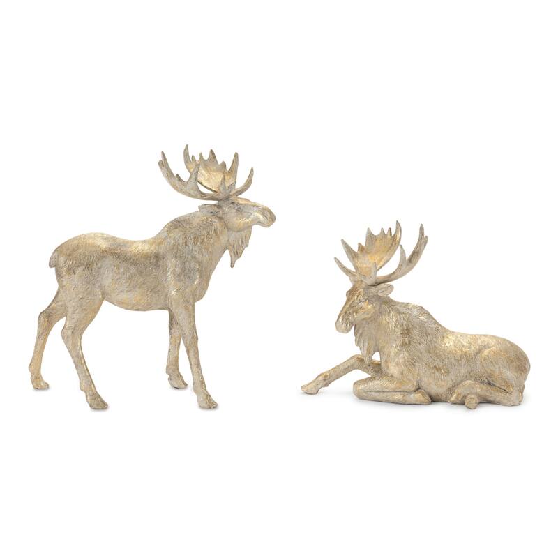 Winter Moose Christmas Figurines - 11.5" - Gold and Beige - Set of 2