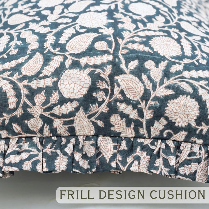 Fabdivine Handmade Block Print Floral Frill Both Side Soft Boho Pure Linen Pillow Cover