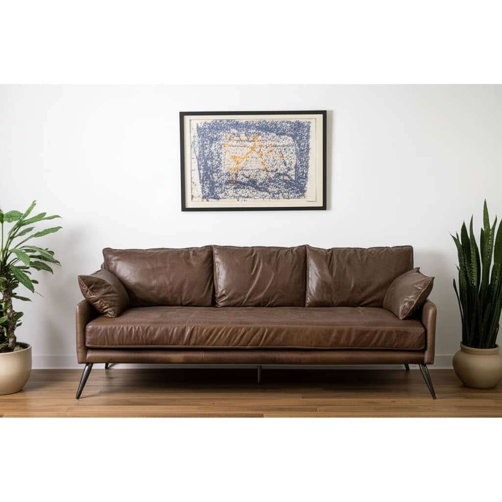 HomeRoots 82" Dark Brown Rustic Leather Sofa With Toss Pillows