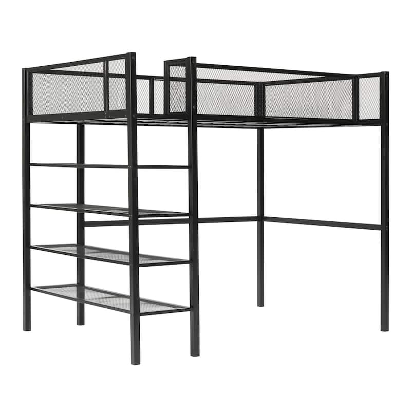Metal Loft Bed with Shelves, Workstation, Guardrail