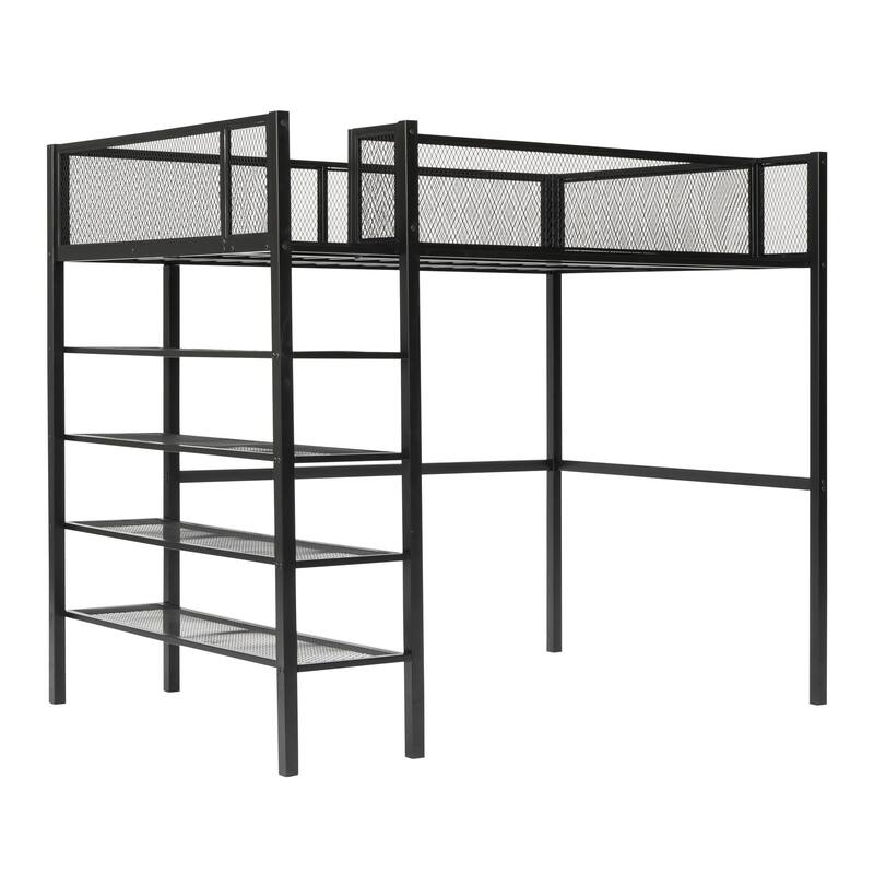 Twin/Full Metal Loft Bed with Built-in Desk, Shelves, and Storage, Modern Design
