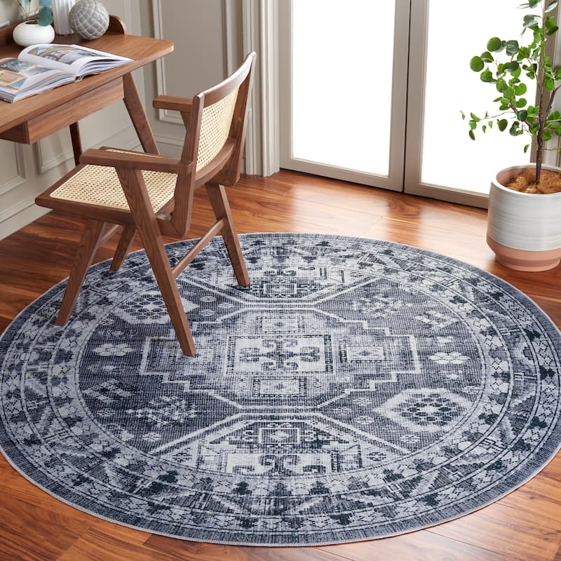 SAFAVIEH Arizona Josepha Machine Washable Slip Resistant Vintage Oriental - 6' x 6' Round - Grey Green/Ivory - Round