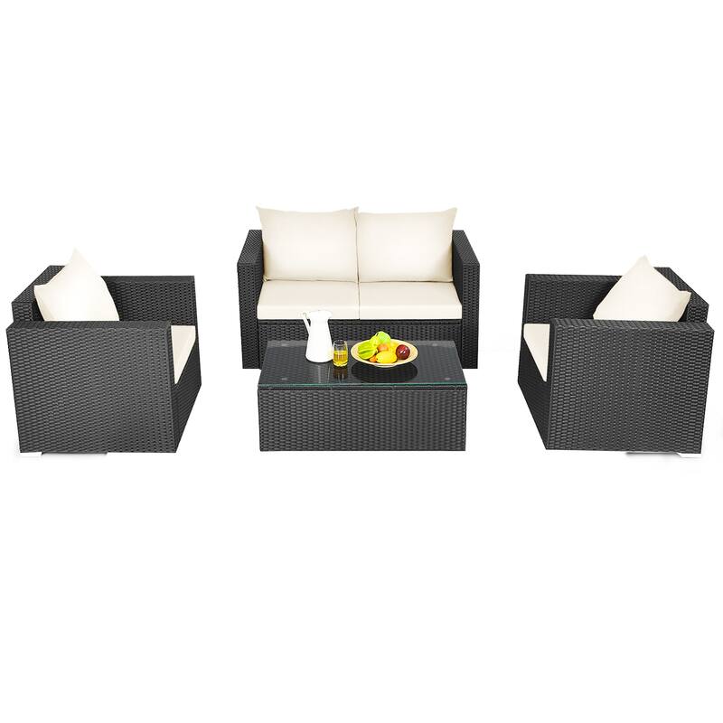 Gymax 4PCS Rattan Patio Conversation Set Outdoor Furniture Set w/