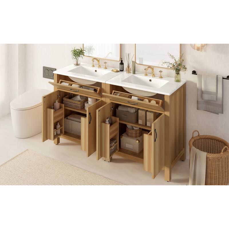 GDFStudio - Barro Transitional Freestanding Bathroom Vanity Cabinet Set with Double Ceramic Sink & Soft Close Storages, Set of 2