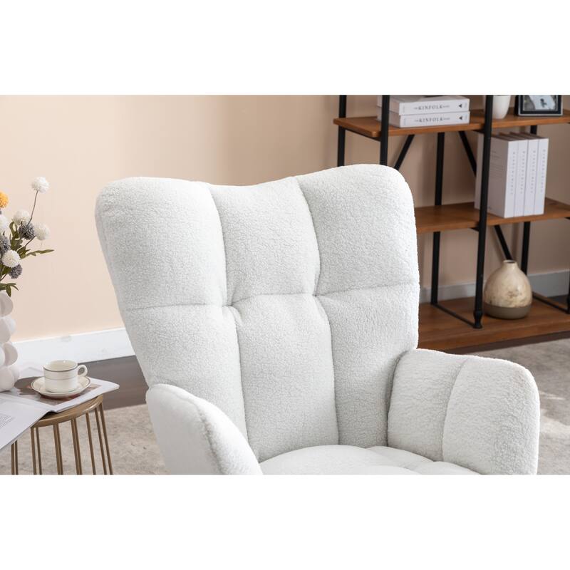 Teddy Fabric Upholstered Glider Rocker, Reading Chair with Thick Padded Seat, High Backrest Armchair with Wooden Legs