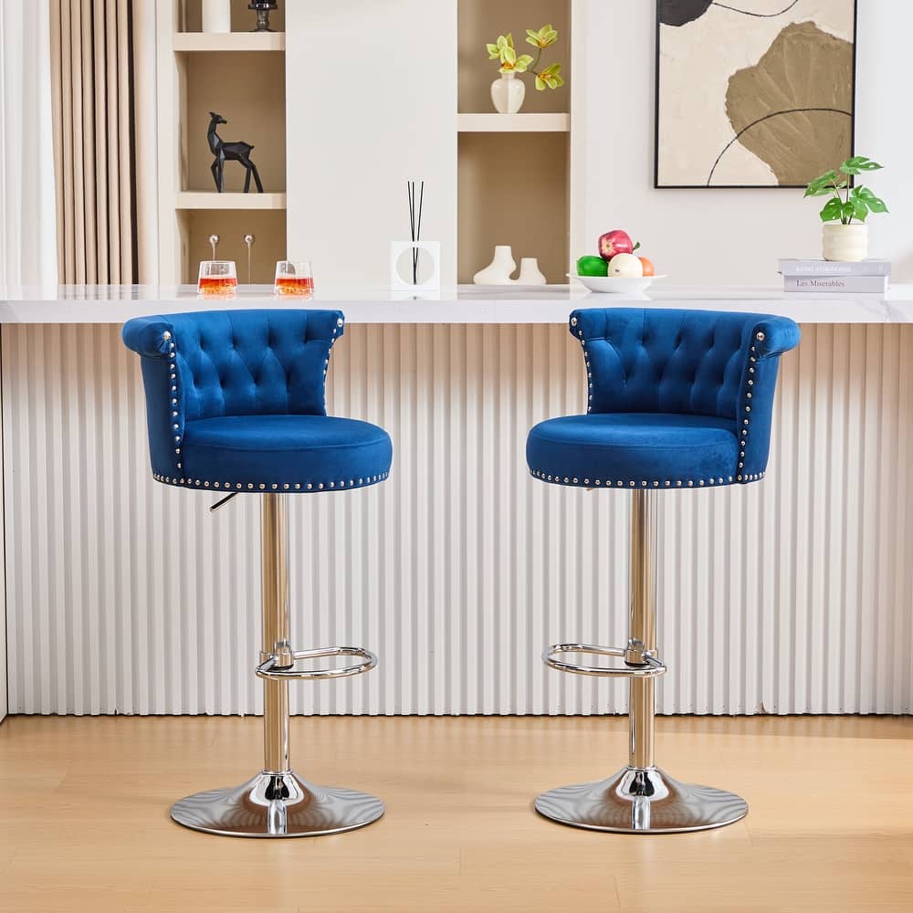 360° Swivel Bar Stools Set of 2 Adjustable Velvet Accent Chairs with Footrest Base, Button Tufted and Barrel Curved Backrest