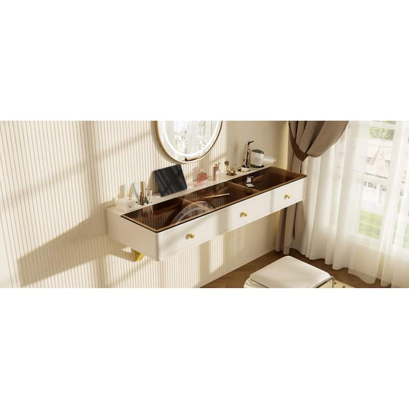 47 inch Floating Shelf with Drawer Multi Purpose Wall Mounted Vanity Table White Golden