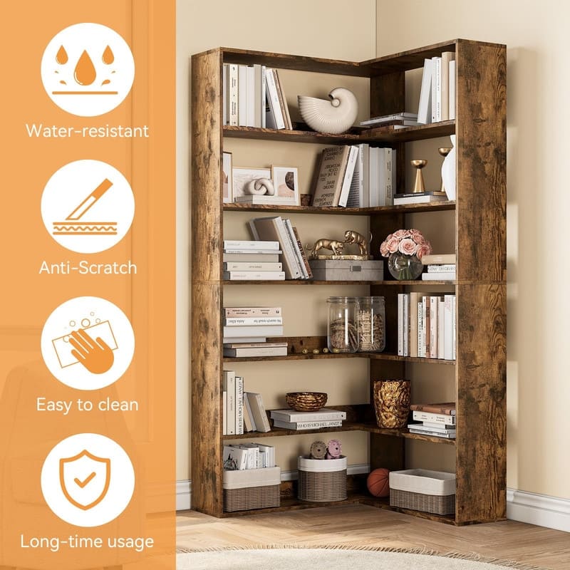Modern 6 Tiers Corner Bookshelf Tall L Shaped Industrial Bookcase with Baffles