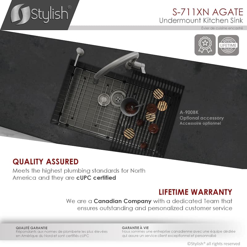 STYLISH 30 inch Graphite Black Single Bowl Undermount Stainless Steel Kitchen Sink with Grid and Basket Strainer Handmade