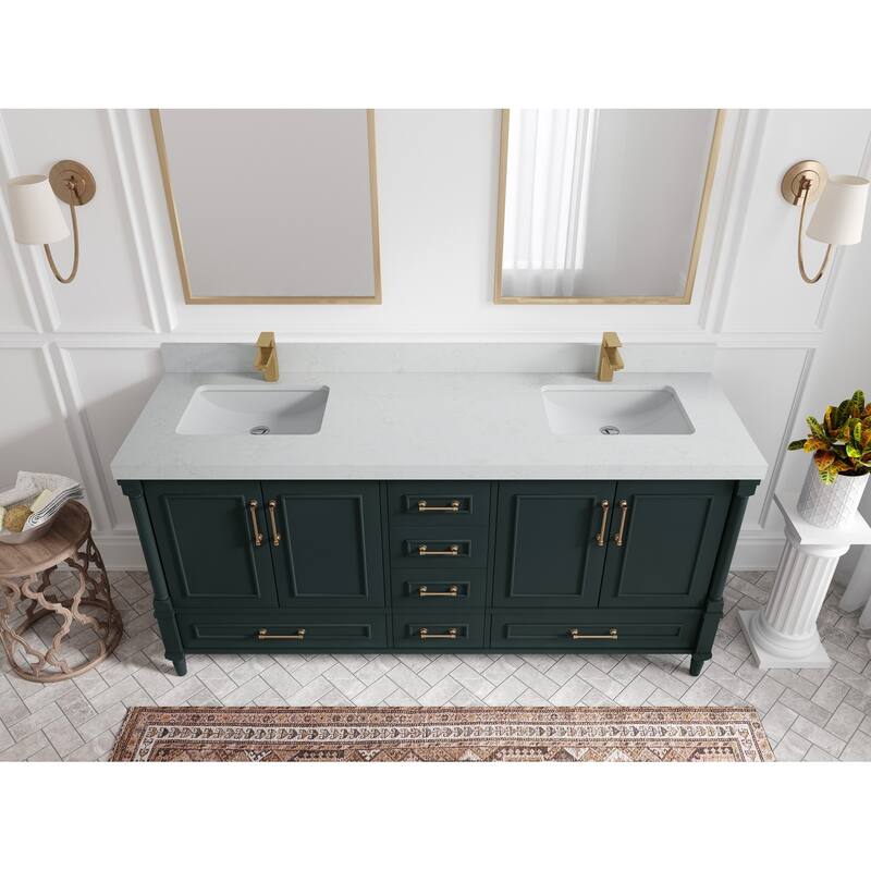 Willow Collections 72 in. W x 22 in. D Aberdeen Double Sink Bathroom Vanity with Countertops - 2" Carrara Quartz - Dark Forest Green