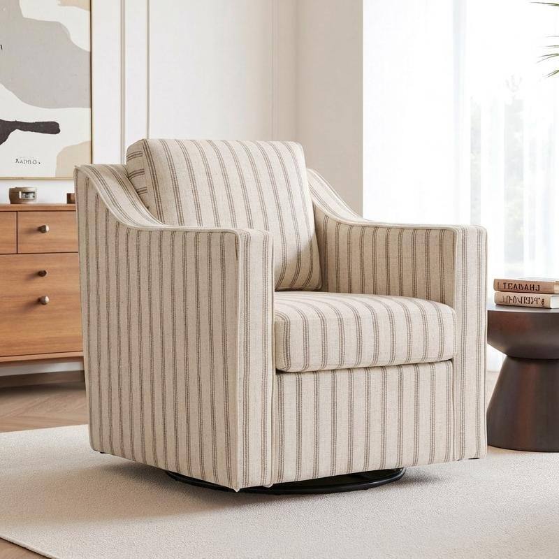 30" W Modern Accent Swivel Chair Comfy Upholstered Armchair - Pinstripe Light Brown/ Linen
