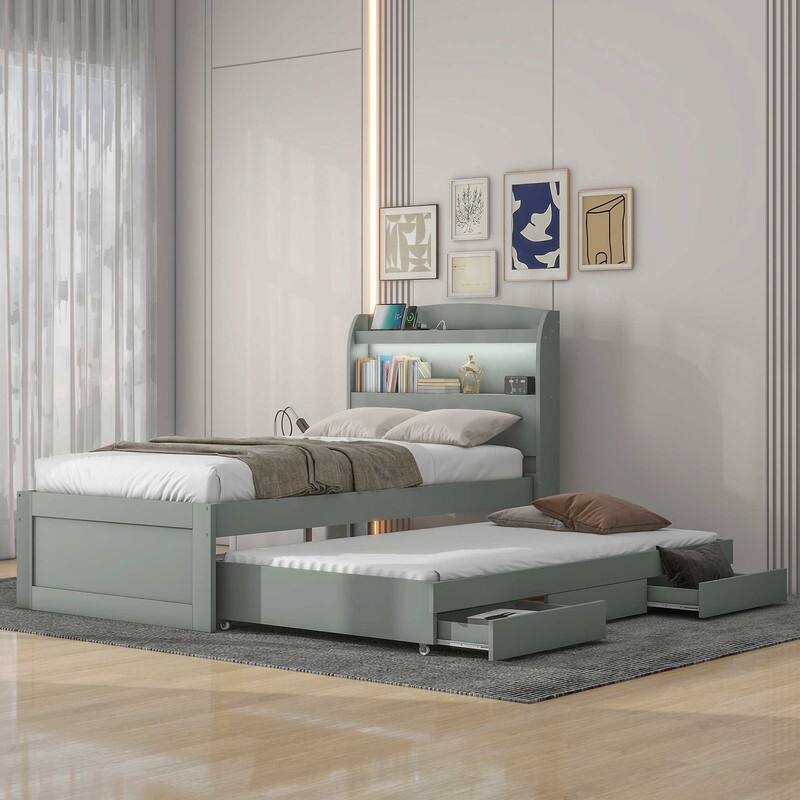 Twin XL Size Platform Bed w/Twin Size Trundle and 2 Drawers,LED Headboard,Charging Station - Grey