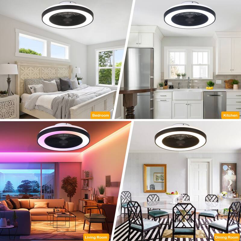 Cusp Barn 19" Modern Low Profile Flush Mount Ceiling Fans with Lights, Smart RGB Ceiling Fan with Alexa/Tuya APP/Voice Control