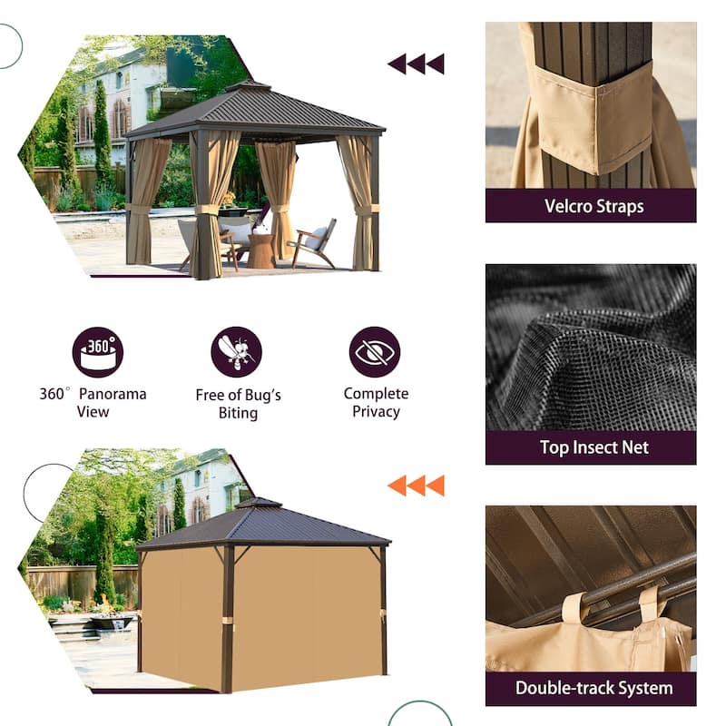 Erommy Hardtop Gazebo with Aluminum Frame and Double Roof, Permanent Outdoor Gazebo Includes Curtains&Netting for Patio Backyard