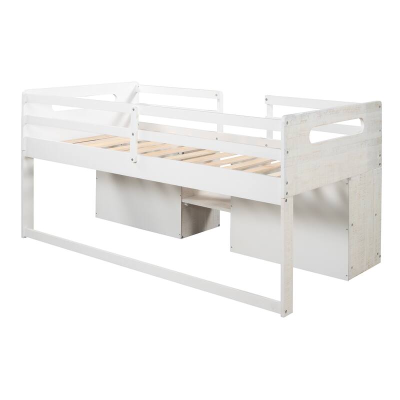 Twin Solid Pine Loft Bed with Shelves, Drawers, and Guardrail