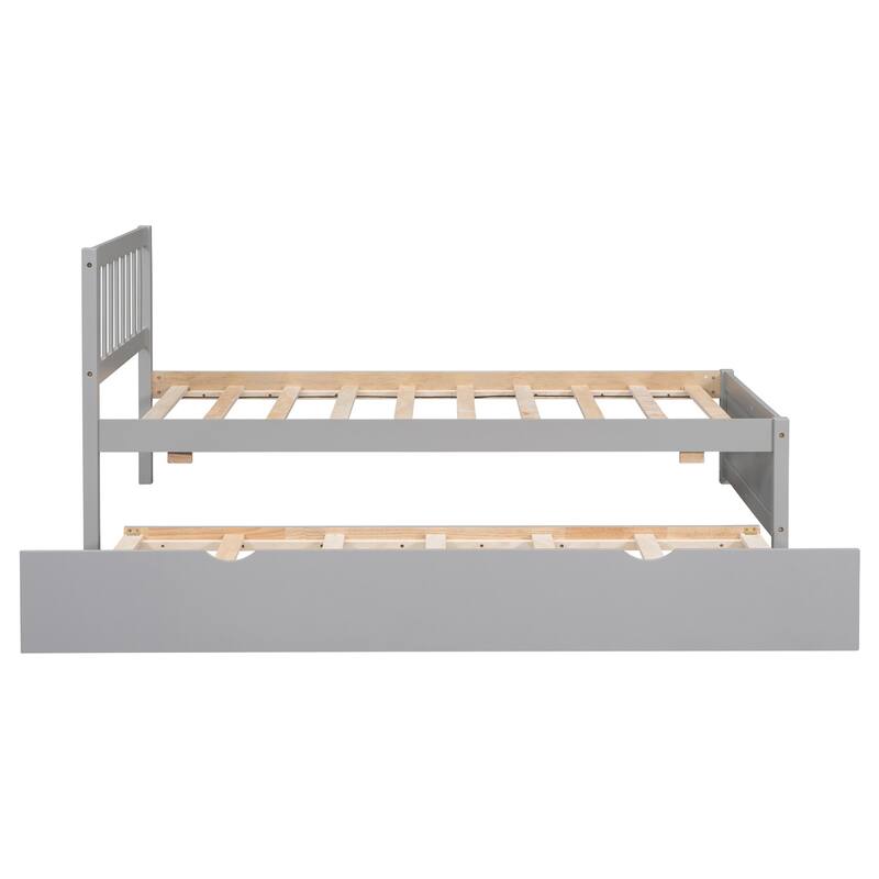 Modern Wooden Twin Size Platform Bed Frame with Trundle Bed, Slats