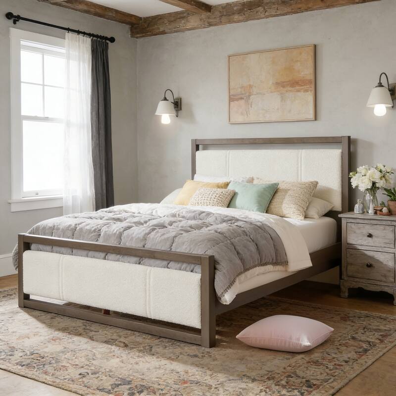 Roomfitters Wood Platform Bed Frame with Ivory Boucle Fabric Headboard and Underbed Storage, Grey and Ivory - King