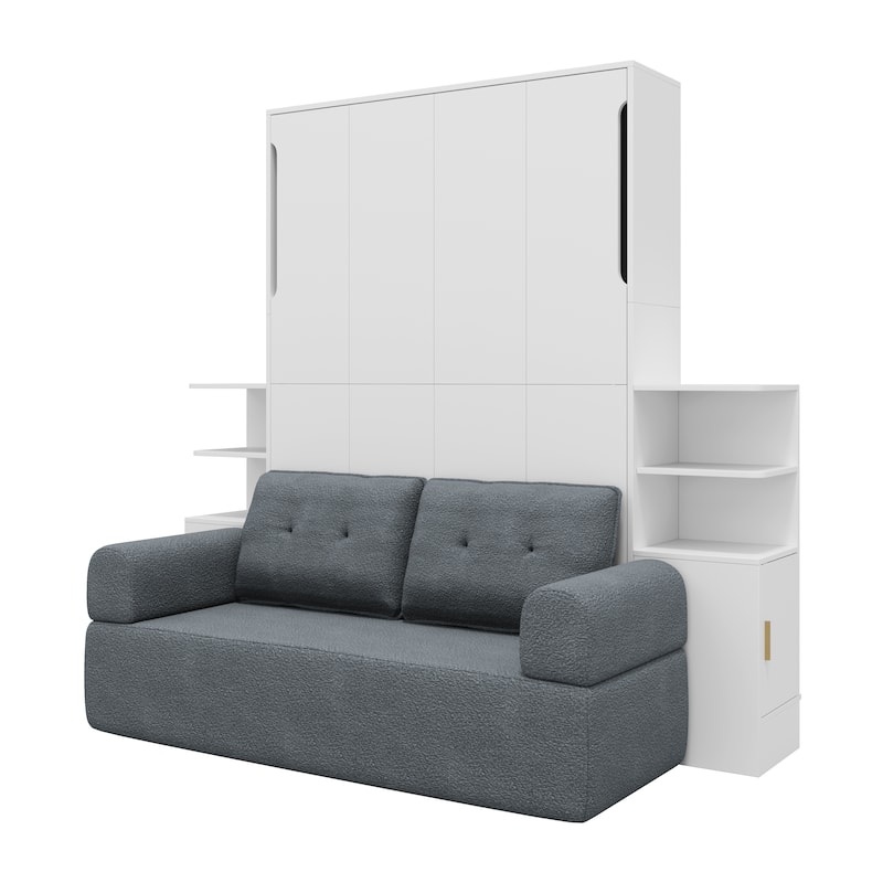Queen Size Wall Murphy Bed with Sofa, Open Shelves and Side Cabinets