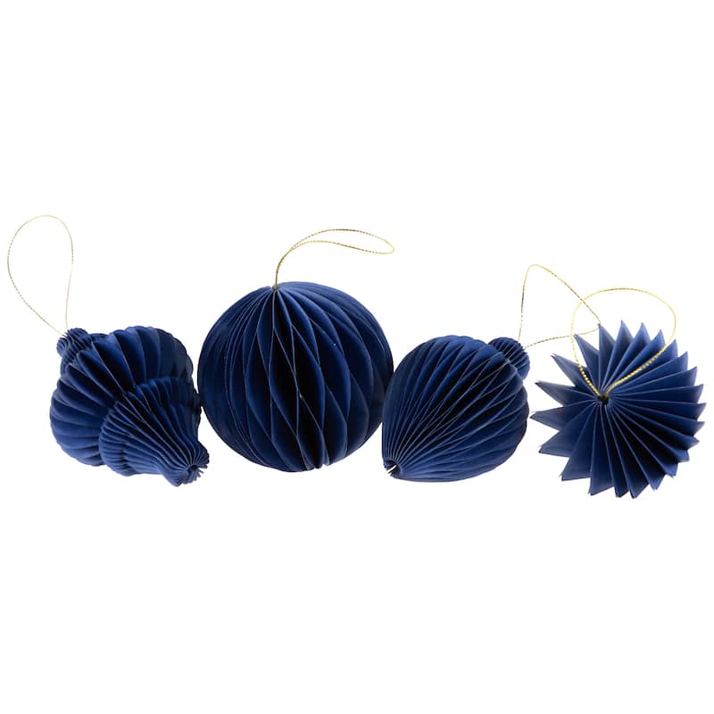 Accordion Honeycomb Foldable Paper Christmas Ornaments - 4" - Navy Blue - Set of 4