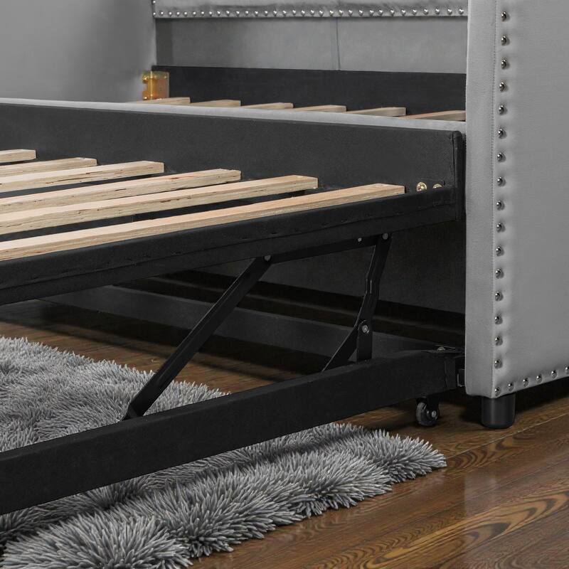 Twin Size Velvet Upholstered Daybed with Pop Up Trundle, 2-in-1 Sofa Bed for Guest Room or Kids Room
