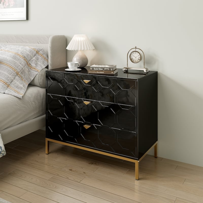 Clihome Modern Wooden Glossy 3-Drawer Storage Chest - Black