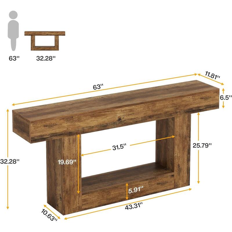 63 Inches Brown and Gray Narrow Long Wood Console Table for Entryway