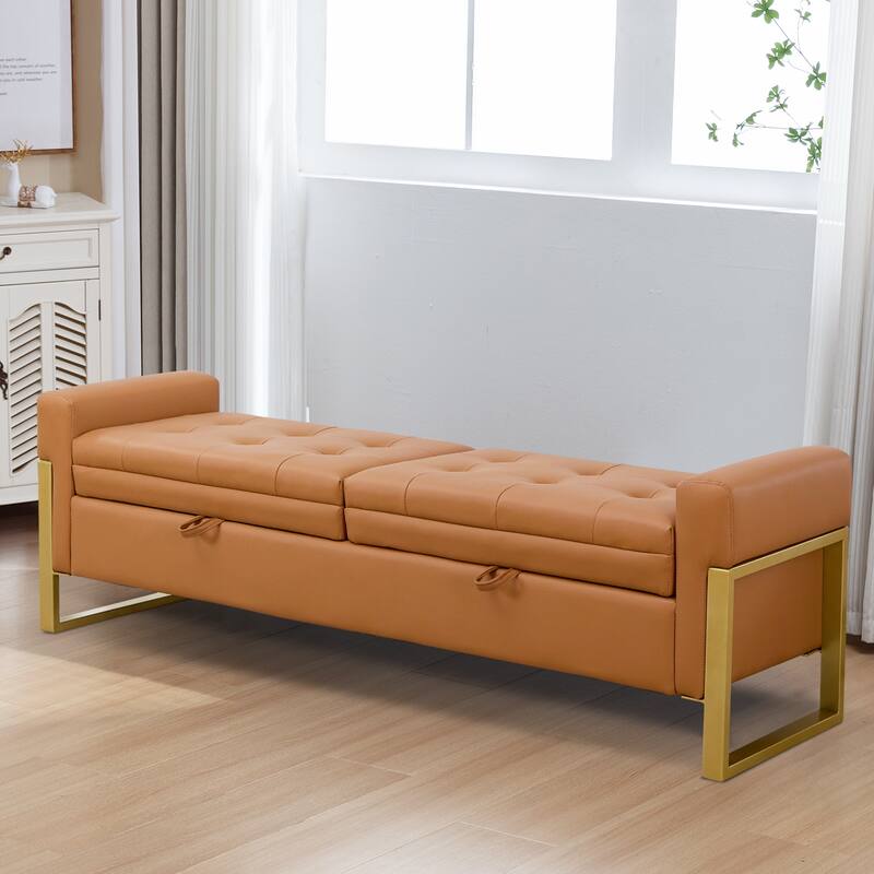 66" Storage Bench for Bedroom End of Bed with Double Lids and Gold Legs
