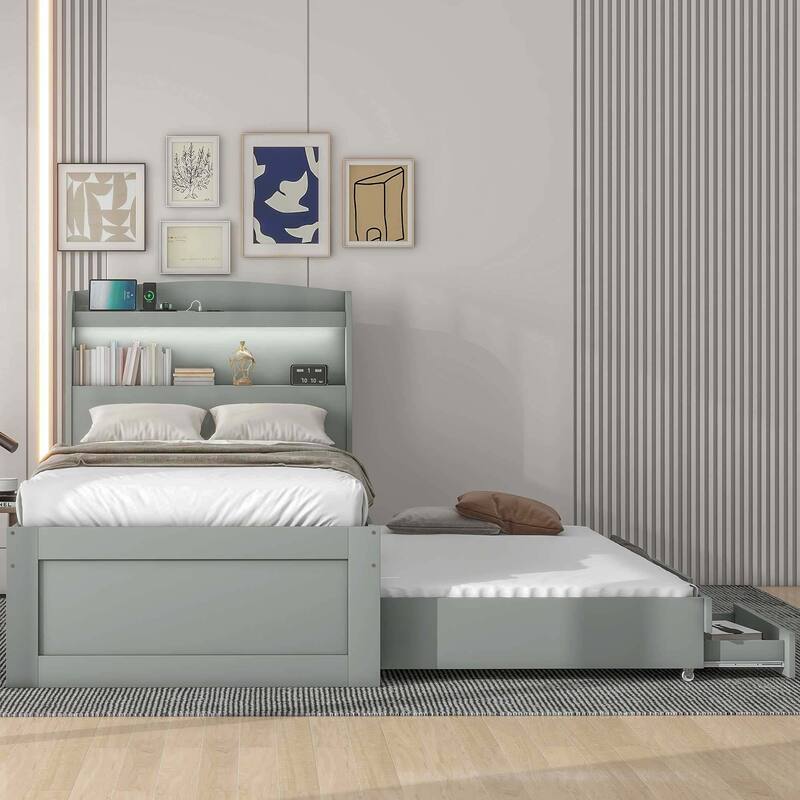 Twin XL Size Platform Bed with Storage LED Headboard, Charging Station - Grey