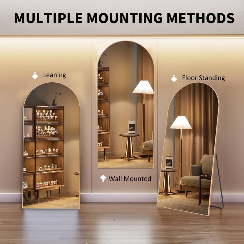 Arched Floor Mirror With Stand,Wood Frame Full Length Mirror,Wall-Mounted Mirror