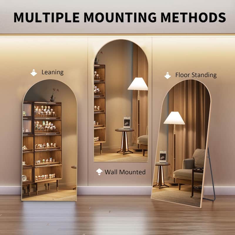 Arched Floor Mirror With Stand,Wood Frame Full Length Mirror,Wall-Mounted Mirror