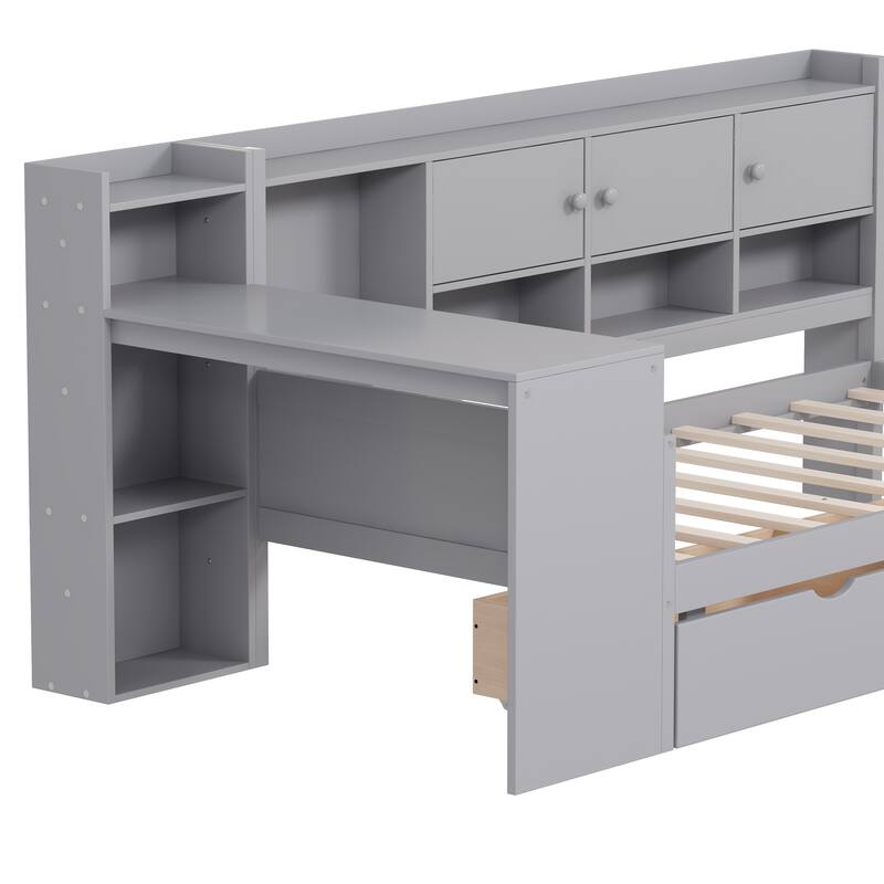 Multi-functional Daybed with Storage Cabinets and Storage Drawers,Study Desk and Built-in Bookshelf