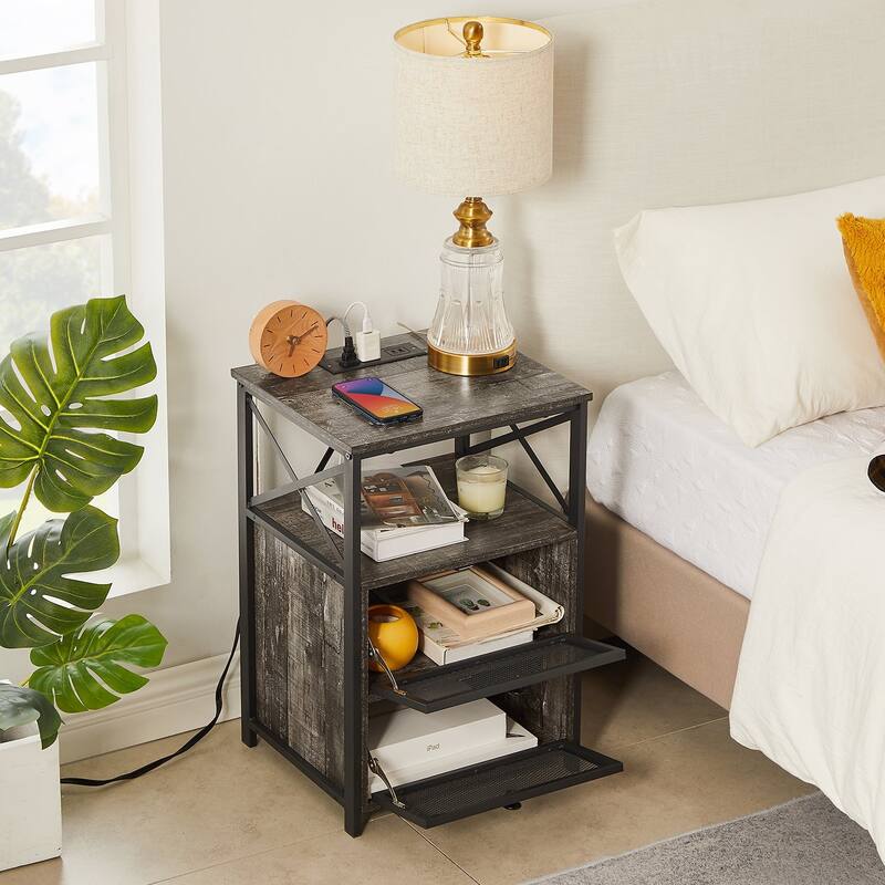 VECELO Modern End Table with 3-tier Storage Shelves, Nightstands with Charging Station(Nightstand Set of 2)