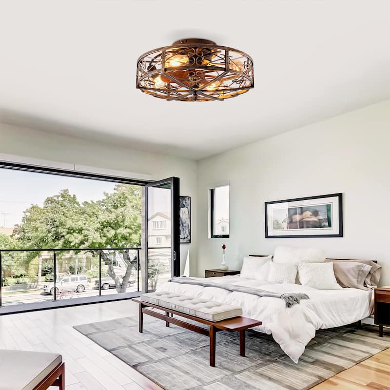 Cusp Barn 20'' Industrial Flush Mount Ceiling Fan with Lights and Remote, Rustic Reversible DC Motor 6 Speeds Caged Ceiling Fan