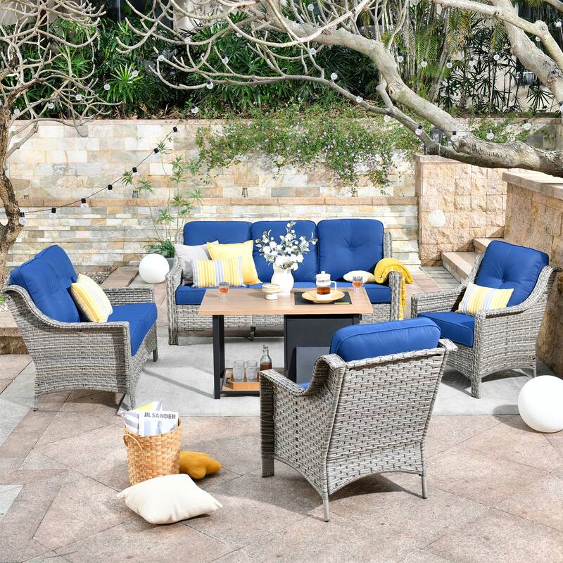 OVIOS 5-piece Patio Wicker Conversation Set With Fire Table - Navy Blue