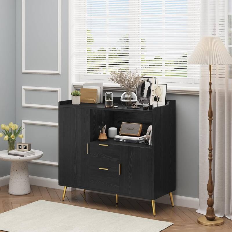 40 Inch Kitchen Microwave Cabinet with Storage and Drawers, Floor Standing Sideboard, Black - Black