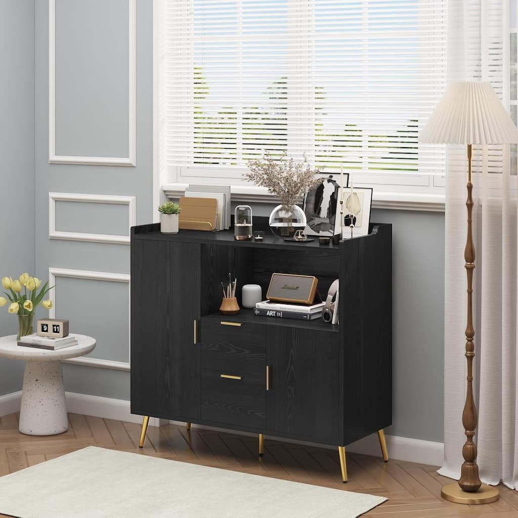 40 Inch Kitchen Microwave Cabinet with Storage and Drawers, Floor Standing Sideboard, Black