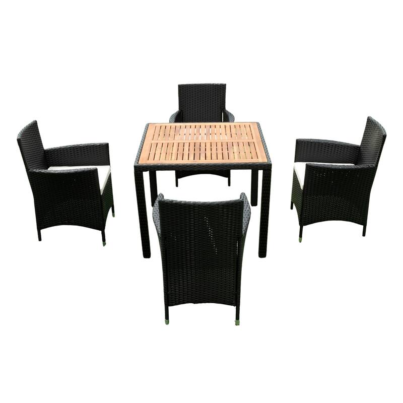 EELIFEE 5 piece Outdoor Patio Wicker Dining Set Patio Wicker Furniture Dining Set w/Acacia Wood Top Black Wicker + Creme Cushion