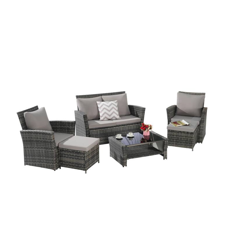 6-Piece Outdoor Patio Rattan Conversation Sofa Set with Tempered Glass Coffee Table