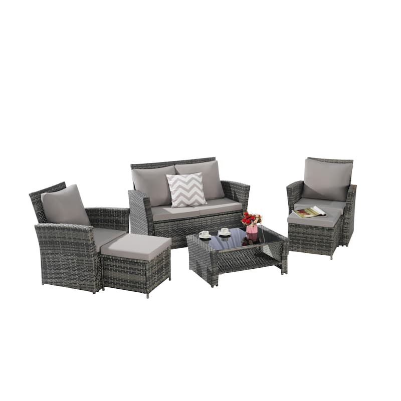 Patio Wicker Furniture Sets with Ottoman & Tempered Glass Coffee Table