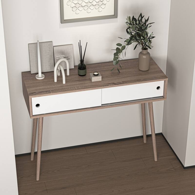 Natural Wood Entryway Console Table with 2 Sliding Doors, Storage Sofa Table for Hallway & Living Room