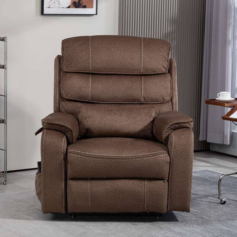 Dual Motor Oversized 180° Lay Flat Chenille Power Lift Recliner Chair with Retractable Tray, Wireless Charge - Coffee Brown