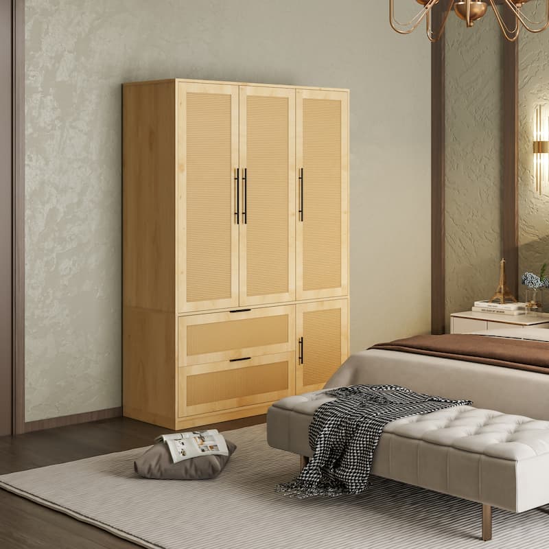 47"W Family 4-Door Wardrobe Armoires Closet 2 Drawer Storage Rattan Style - N/A - Natural
