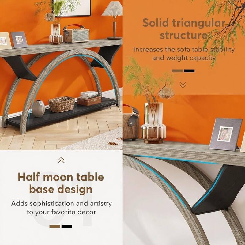 Farmhouse Industrial Console Table with Curved Base 2 Tier Wood Grain Top Metal Frame Entryway Hallway Sofa Table