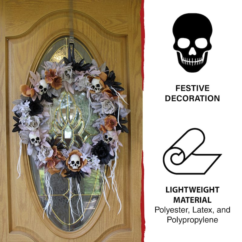 Haunted Hill Farm 1.83-ft. Halloween Autumn Wreath with Skulls, Indoor/Covered Outdoor Halloween Decoration