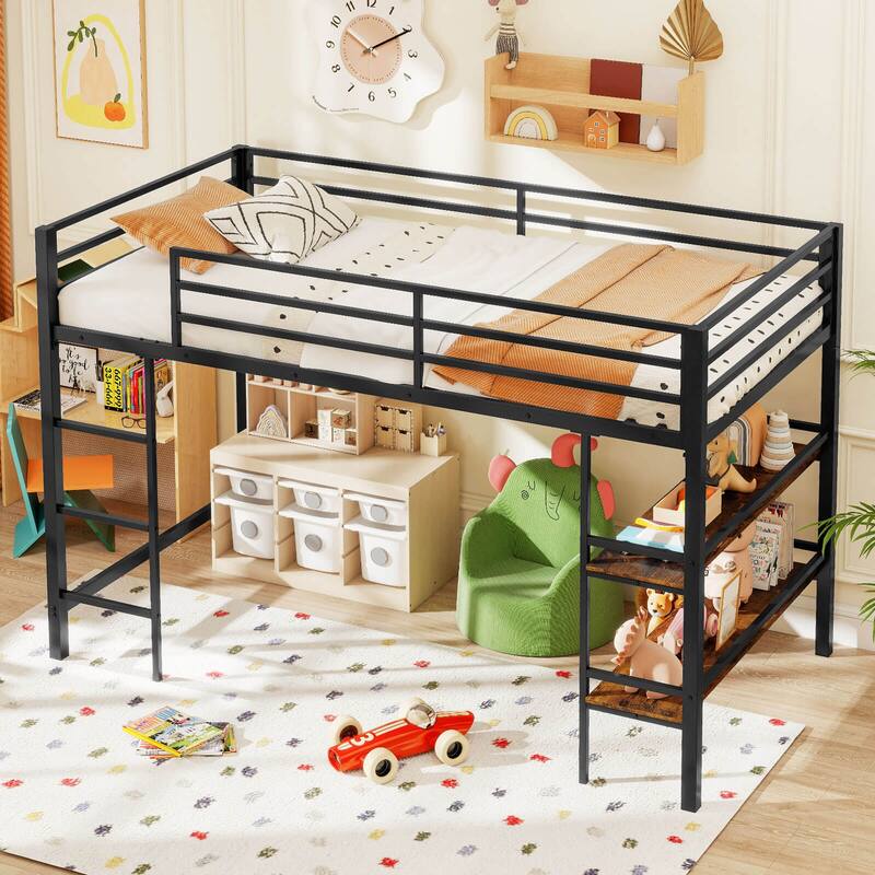 Costway Twin Size Low Loft Bed with Storage Shelves Ladder Full-length