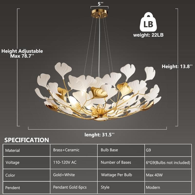 KAYLA Ceramic Ginkgo Leaf 8 -Light L40 Inch Chandelier