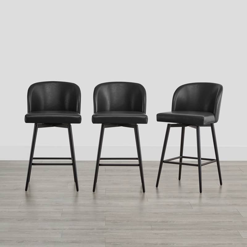 Charlotte Counter Height Swivel Barstool with Metal Legs Set - Set of 3 - Black-Faux Leather - Counter Height