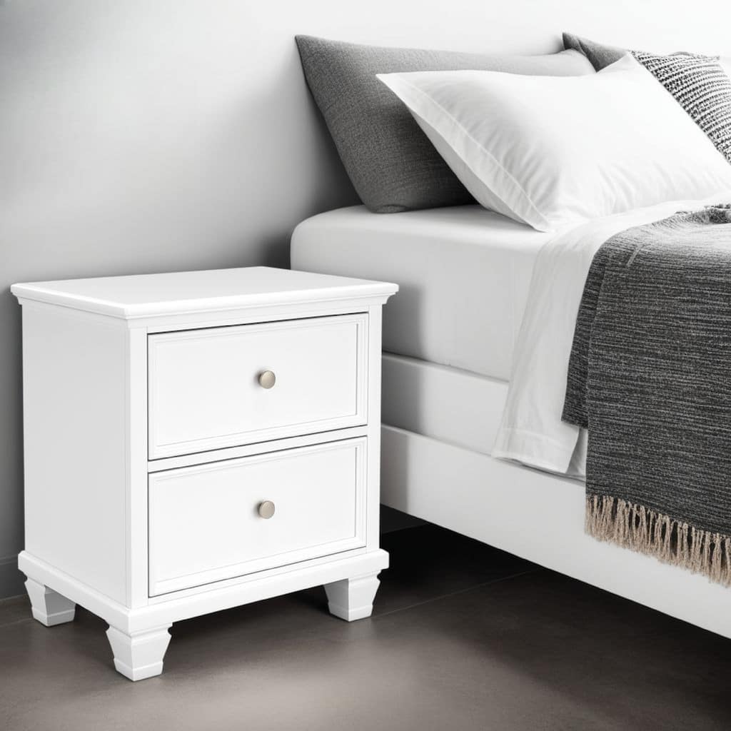 Heno Nightstand, 2 Wide Storage Drawers, Nickel Round Knobs, White
