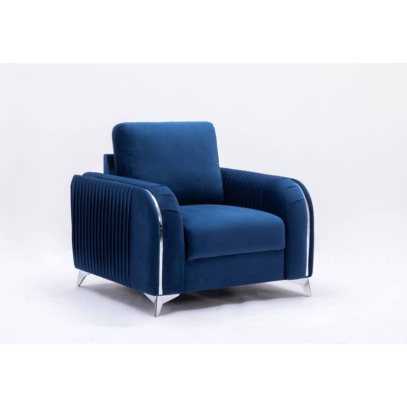 Blue Modern 38" Velvet Upholstered Accent Chair with Polished Chrome Trim Legs and Vertical Pleated Design - Blue